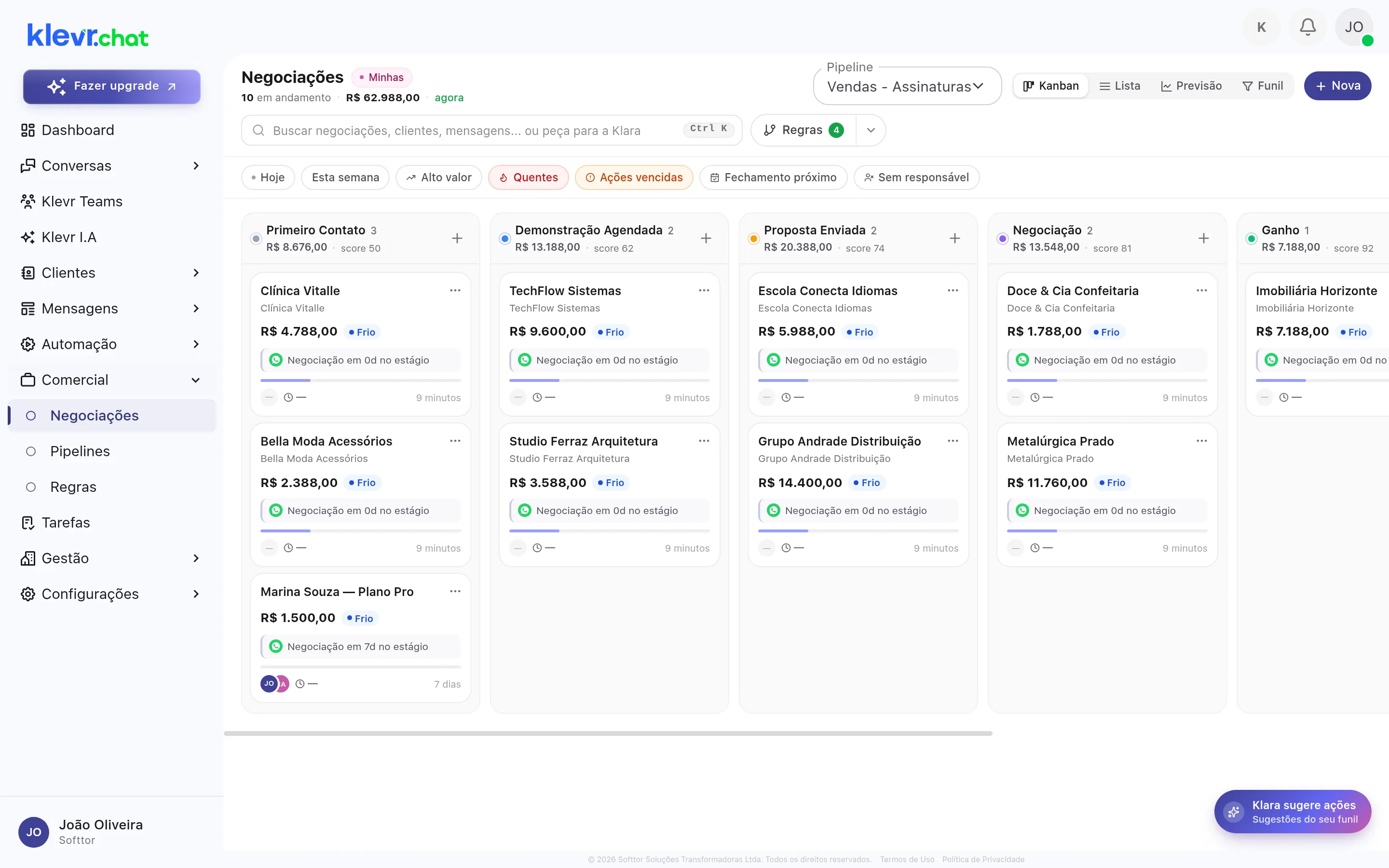 Tela real do Klevr CRM: funil de negociações de um SaaS com assinaturas por etapa